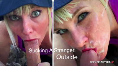 Sneaky wife caught a stranger masturbating in the park, then sucks his dick: cum on her face with cum on the street
